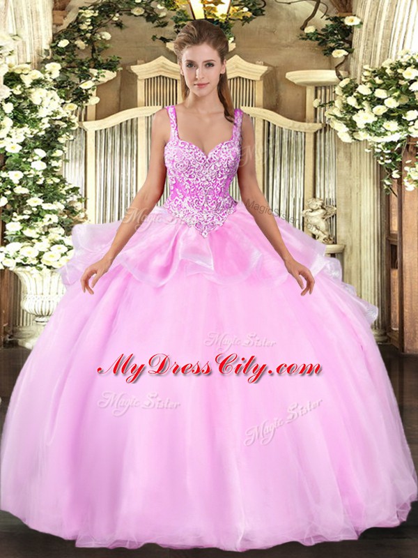 Designer Pink Organza Lace Up Straps Sleeveless Floor Length Quinceanera Dresses Beading