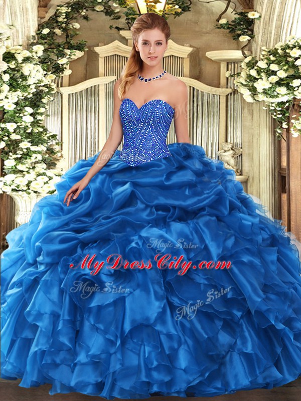 Floor Length Blue Quinceanera Gowns Sweetheart Sleeveless Lace Up