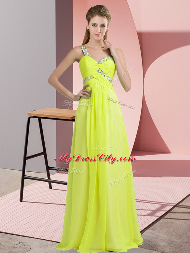 Colorful Yellow Green Empire Chiffon One Shoulder Sleeveless Beading Floor Length Lace Up Prom Party Dress