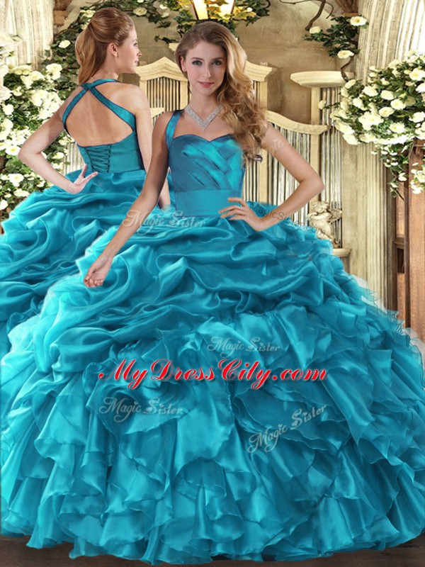 Halter Top Sleeveless Quinceanera Dress Floor Length Ruffles and Pick Ups Teal Organza