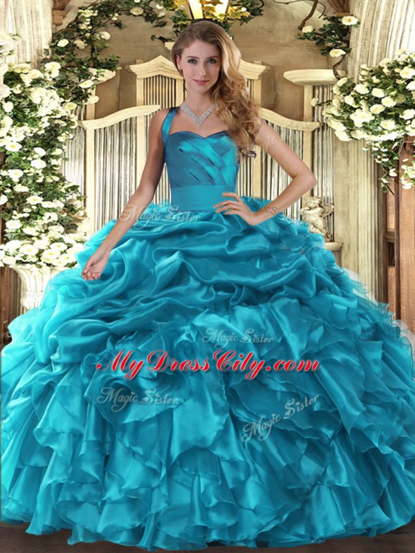 Halter Top Sleeveless Quinceanera Dress Floor Length Ruffles and Pick Ups Teal Organza