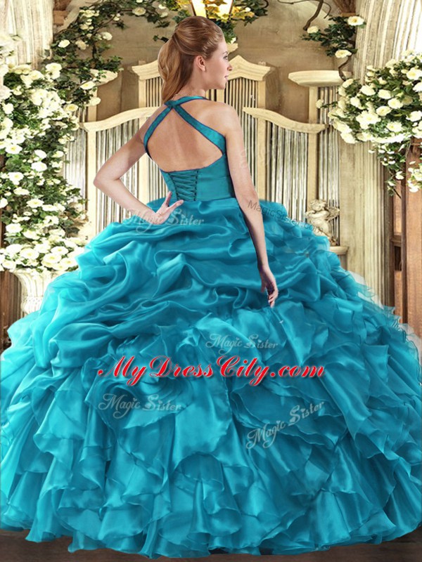 Halter Top Sleeveless Quinceanera Dress Floor Length Ruffles and Pick Ups Teal Organza