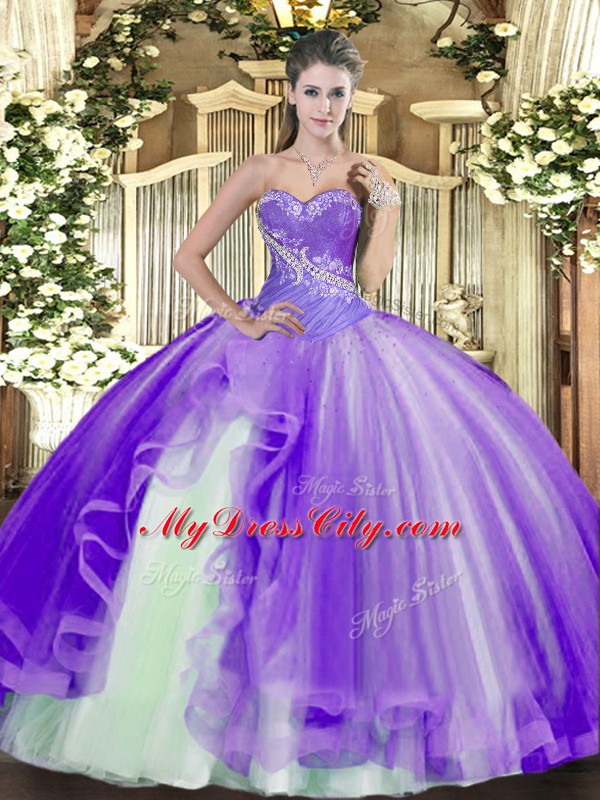 Modern Tulle Sweetheart Sleeveless Lace Up Beading and Ruffles Quinceanera Gown in Lavender