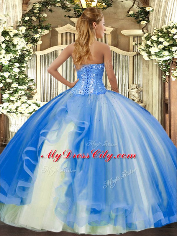 Modern Tulle Sweetheart Sleeveless Lace Up Beading and Ruffles Quinceanera Gown in Lavender