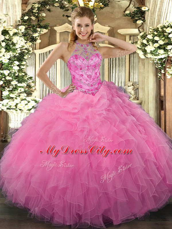 Deluxe Rose Pink Ball Gowns Halter Top Sleeveless Organza Floor Length Lace Up Beading and Embroidery and Ruffles Quinceanera Gowns