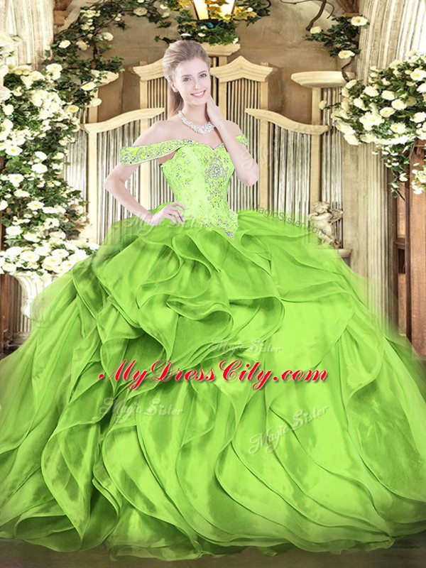 Decent Sleeveless Organza Floor Length Lace Up Quince Ball Gowns in with Beading and Ruffles