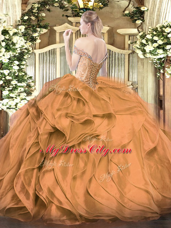 Decent Sleeveless Organza Floor Length Lace Up Quince Ball Gowns in with Beading and Ruffles