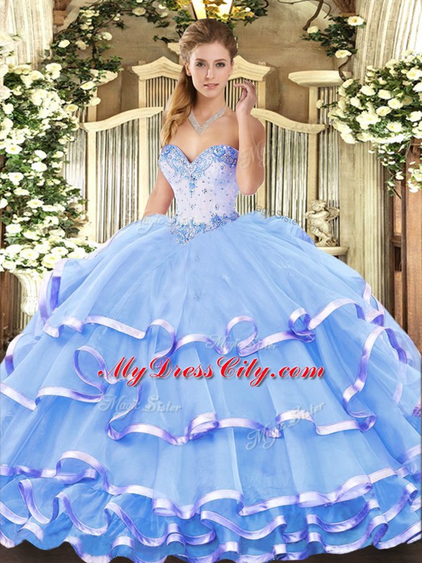 Floor Length Blue Sweet 16 Dress Organza Sleeveless Beading and Ruffled Layers