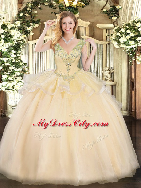 Champagne V-neck Lace Up Beading Sweet 16 Quinceanera Dress Sleeveless