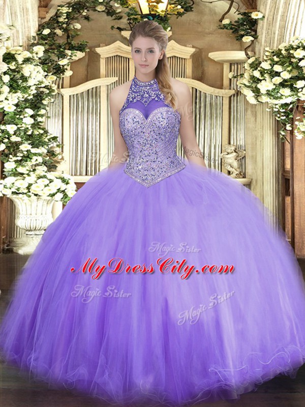 Ideal Lavender Ball Gowns Tulle Halter Top Sleeveless Beading Floor Length Lace Up Quinceanera Gown