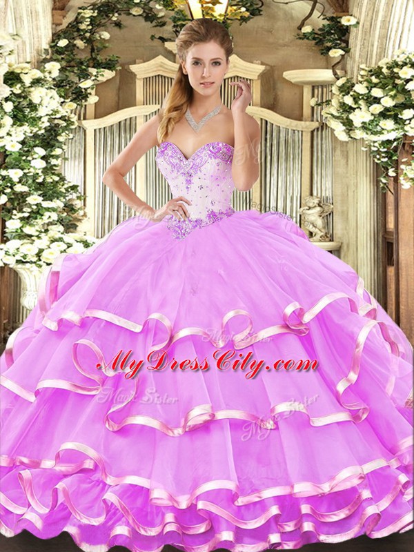 Lilac Ball Gowns Sweetheart Sleeveless Organza Floor Length Lace Up Beading and Ruffled Layers 15th Birthday Dress