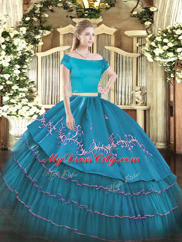 Teal Zipper Off The Shoulder Embroidery and Ruffled Layers Quinceanera Dress Organza and Taffeta Short Sleeves