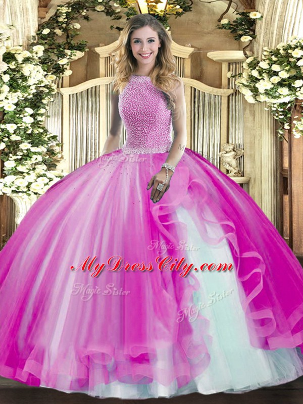 Stylish Tulle High-neck Sleeveless Lace Up Beading and Ruffles Quinceanera Gown in Fuchsia