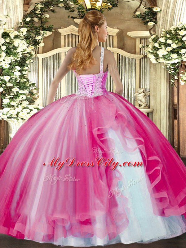 Stylish Tulle High-neck Sleeveless Lace Up Beading and Ruffles Quinceanera Gown in Fuchsia