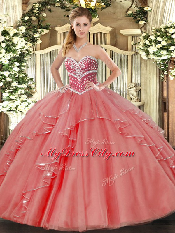 Tulle Sweetheart Sleeveless Lace Up Beading and Ruffles Quinceanera Gowns in Coral Red