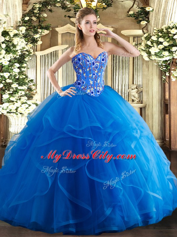 Fashion Sleeveless Lace Up Floor Length Embroidery and Ruffles Quinceanera Gown