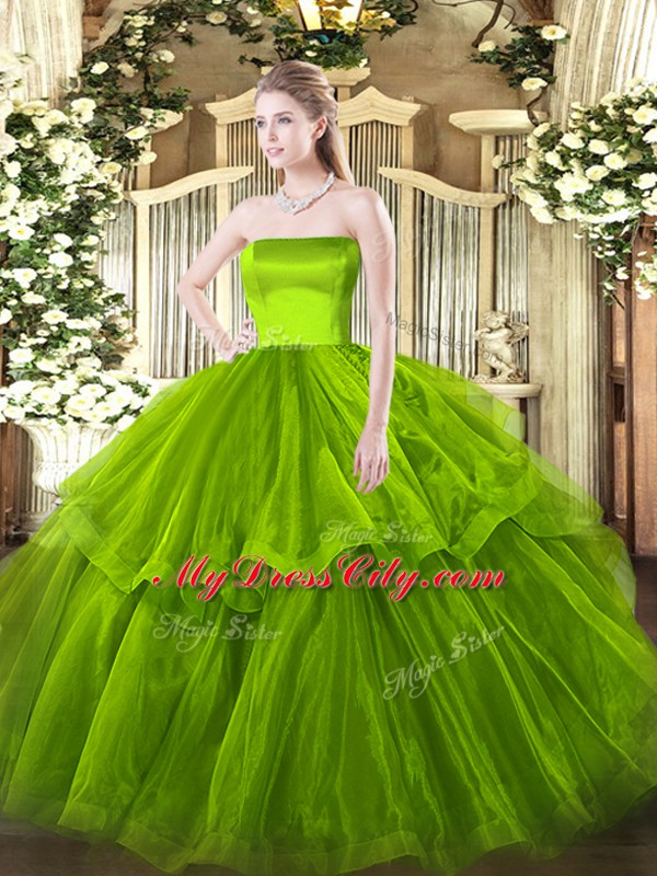 Sleeveless Ruffled Layers Zipper Quinceanera Dresses with Olive Green Brush Train