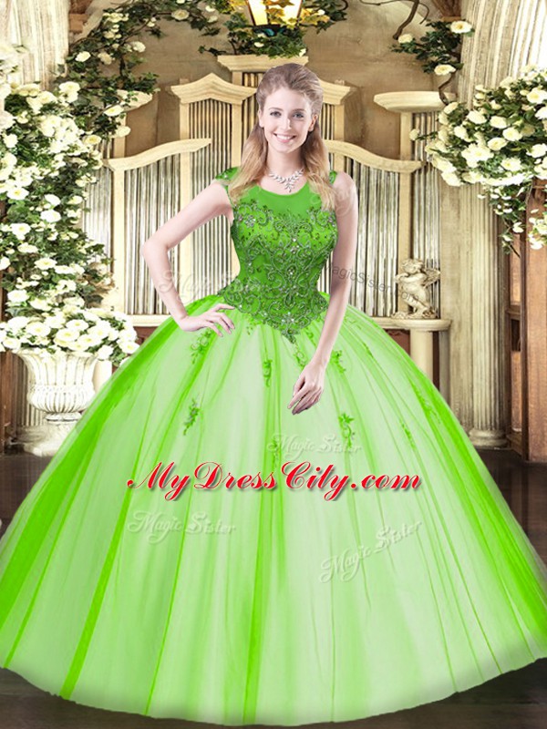 Decent Tulle Zipper Scoop Sleeveless Floor Length Quince Ball Gowns Beading