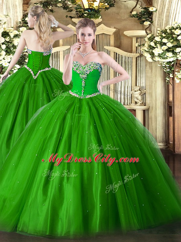 Noble Green Quince Ball Gowns Military Ball and Sweet 16 and Quinceanera with Beading Sweetheart Sleeveless Lace Up