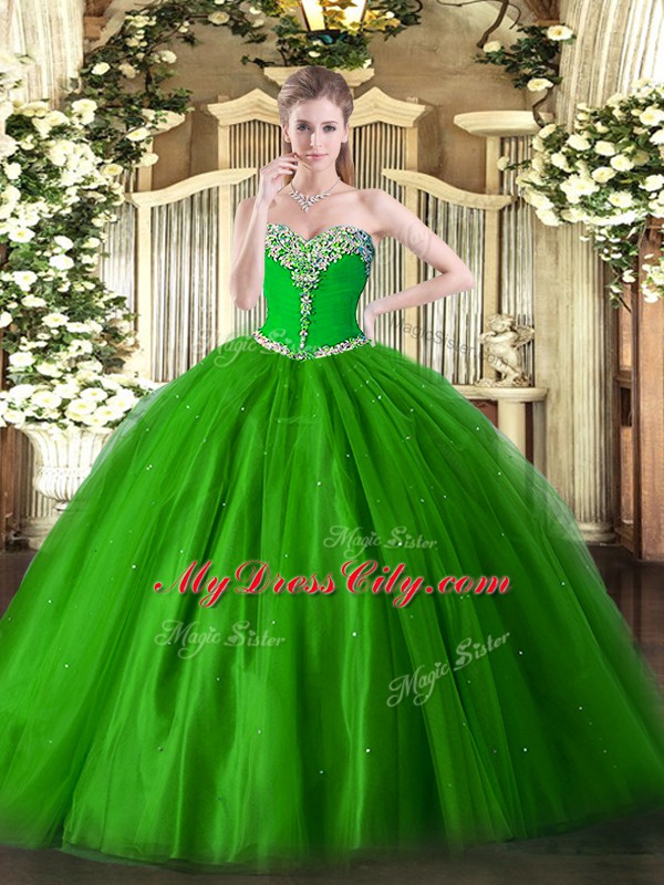 Noble Green Quince Ball Gowns Military Ball and Sweet 16 and Quinceanera with Beading Sweetheart Sleeveless Lace Up