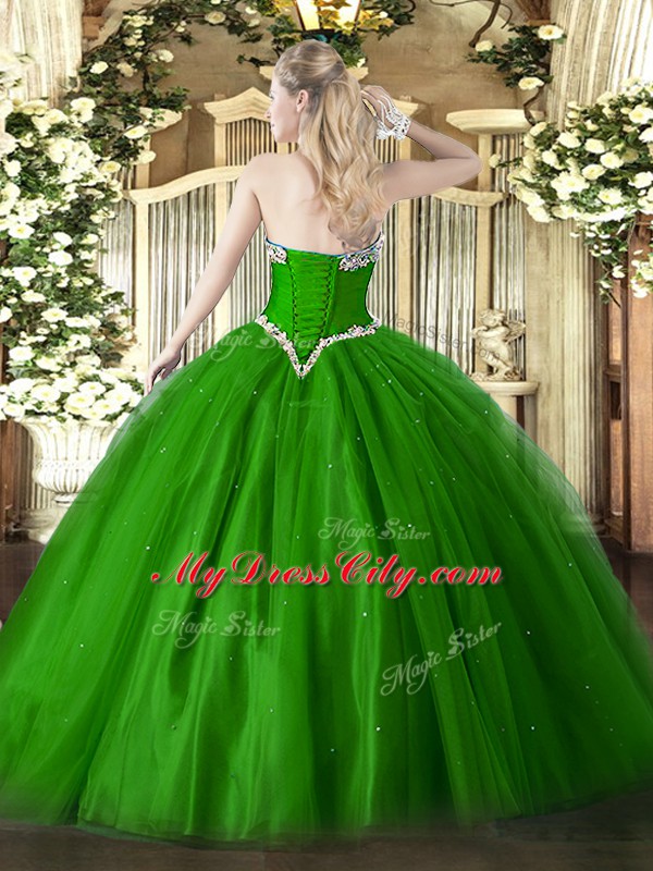 Noble Green Quince Ball Gowns Military Ball and Sweet 16 and Quinceanera with Beading Sweetheart Sleeveless Lace Up