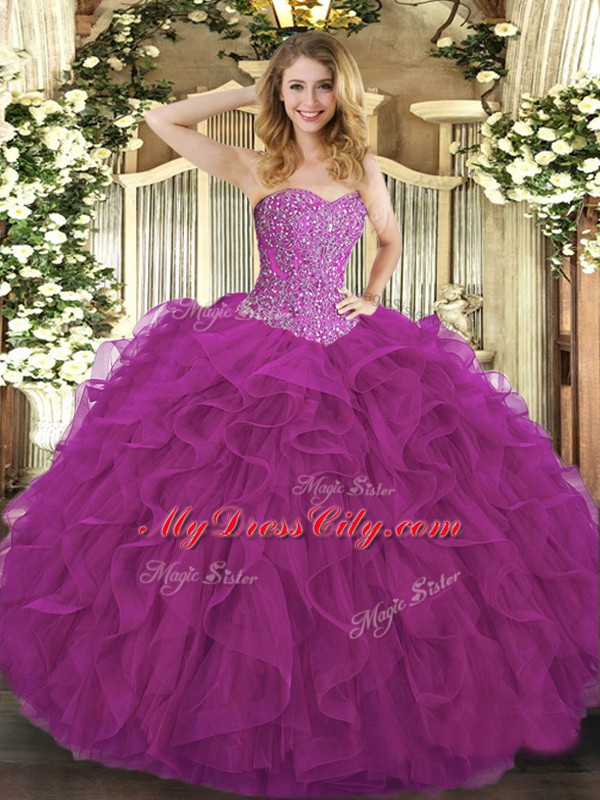 Fuchsia Lace Up Sweet 16 Dress Beading and Ruffles Sleeveless Floor Length