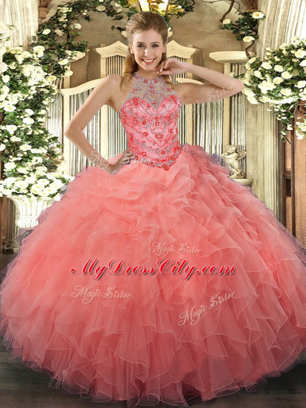 Sexy Sleeveless Floor Length Beading and Embroidery Lace Up Quinceanera Gowns with Watermelon Red