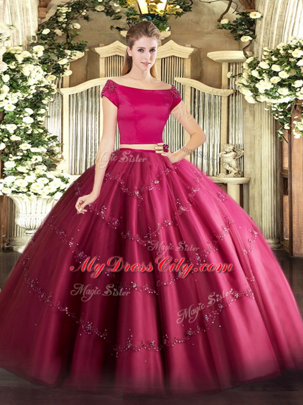 Hot Pink Short Sleeves Tulle Zipper Quinceanera Dress for Military Ball and Sweet 16 and Quinceanera