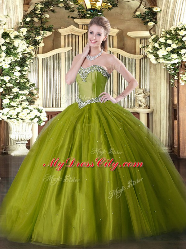 Beading Quinceanera Dresses Olive Green Lace Up Sleeveless Floor Length