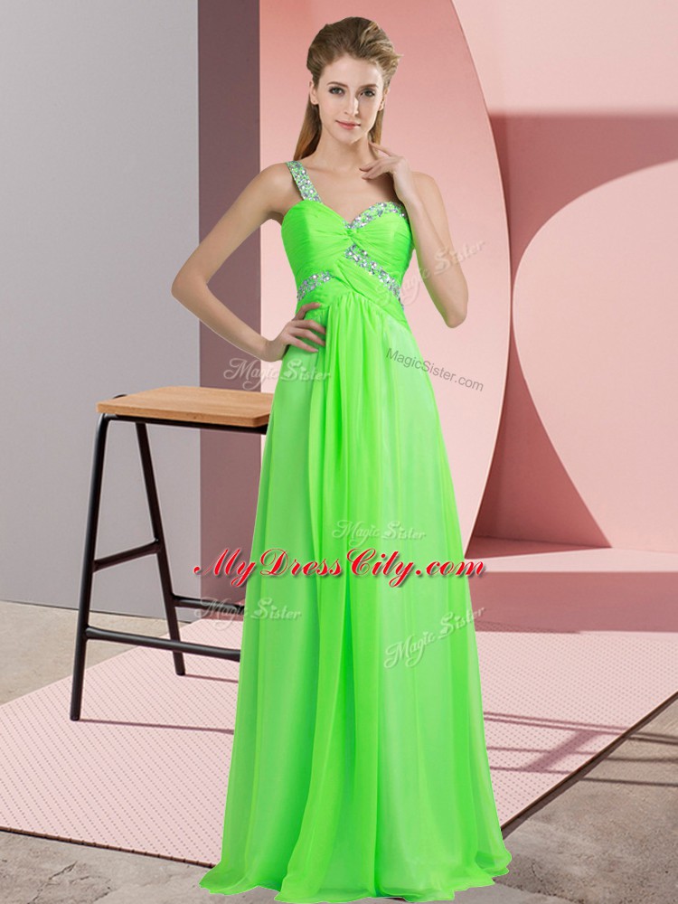 Chiffon One Shoulder Sleeveless Lace Up Beading Prom Party Dress in Green