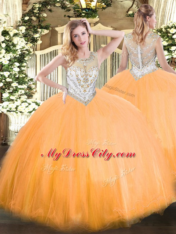 Custom Fit Orange Red Sleeveless Floor Length Beading Zipper Vestidos de Quinceanera