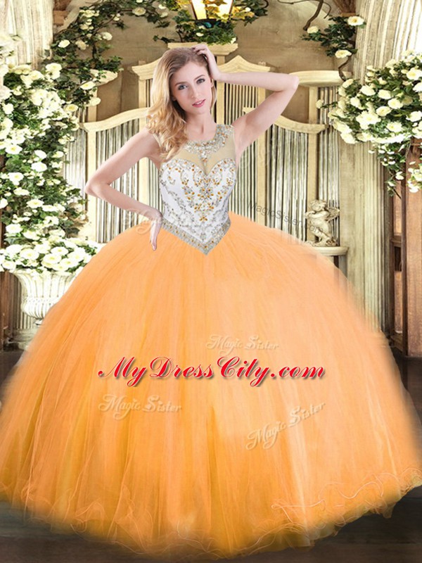 Custom Fit Orange Red Sleeveless Floor Length Beading Zipper Vestidos de Quinceanera