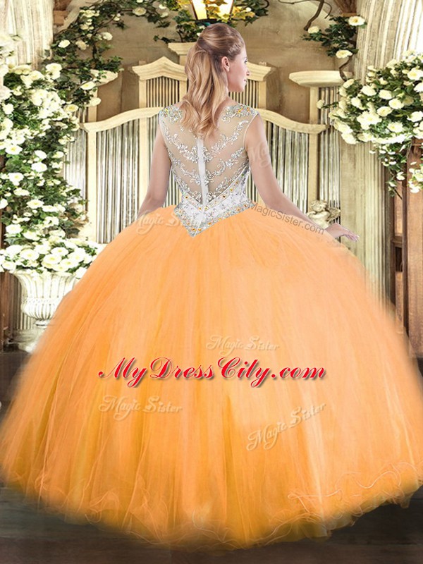 Custom Fit Orange Red Sleeveless Floor Length Beading Zipper Vestidos de Quinceanera