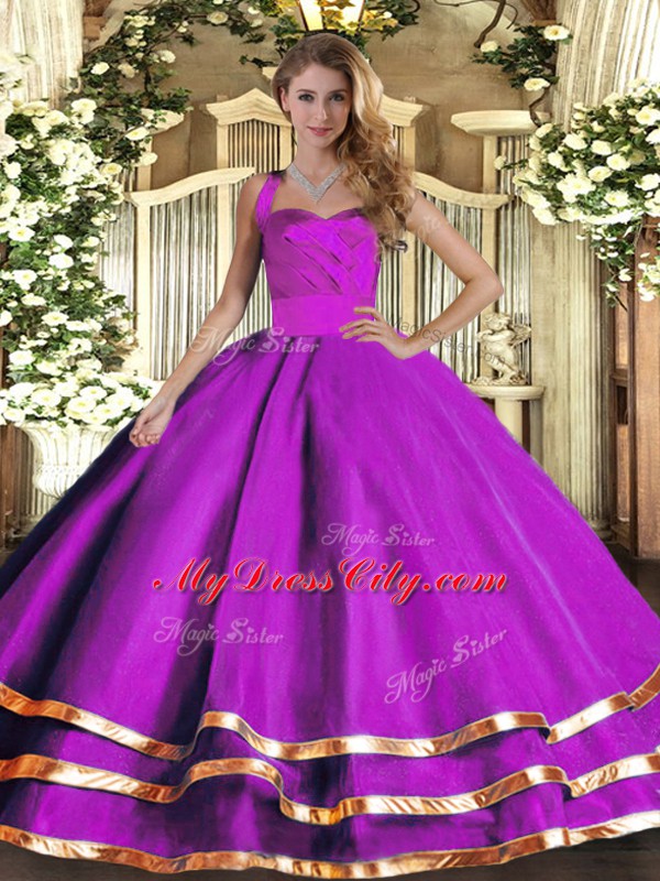 Decent Sleeveless Floor Length Ruffled Layers Lace Up 15 Quinceanera Dress with Purple