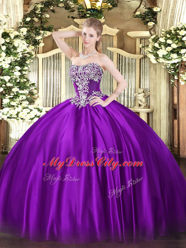 Flare Strapless Sleeveless Lace Up Quinceanera Dress Purple Satin