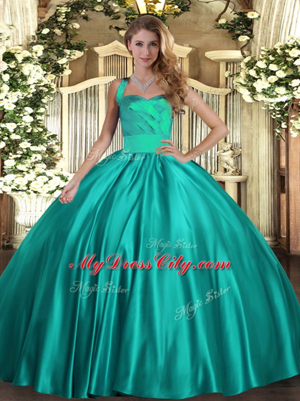 Sleeveless Floor Length Ruching Lace Up Quinceanera Dresses with Turquoise