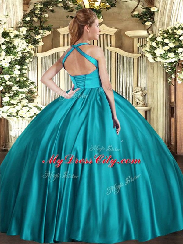 Sleeveless Floor Length Ruching Lace Up Quinceanera Dresses with Turquoise