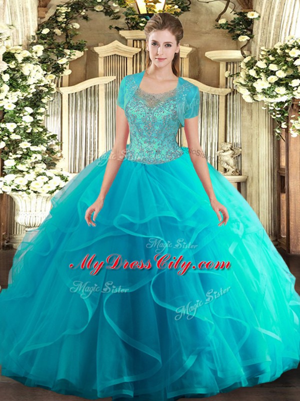 Clearance Scoop Sleeveless Quinceanera Gowns Floor Length Beading and Ruffled Layers Aqua Blue Tulle