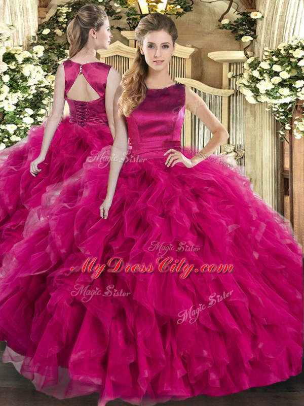 Hot Sale Scoop Sleeveless Sweet 16 Dresses Floor Length Ruffles Fuchsia Tulle