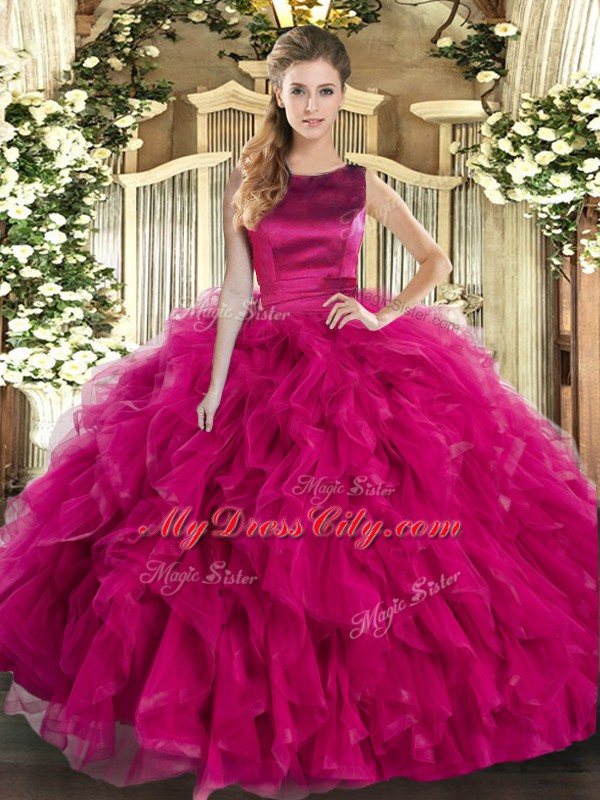 Hot Sale Scoop Sleeveless Sweet 16 Dresses Floor Length Ruffles Fuchsia Tulle