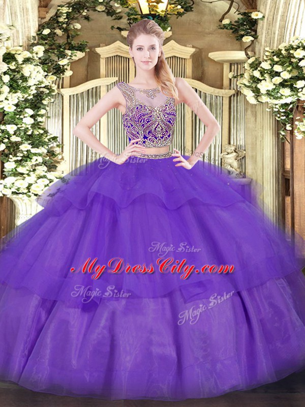 Tulle Scoop Sleeveless Lace Up Beading and Ruffled Layers Quinceanera Gown in Purple