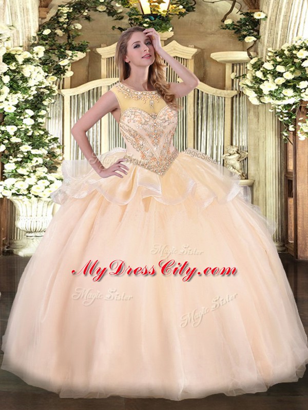 Peach Sleeveless Organza Zipper 15 Quinceanera Dress for Sweet 16 and Quinceanera