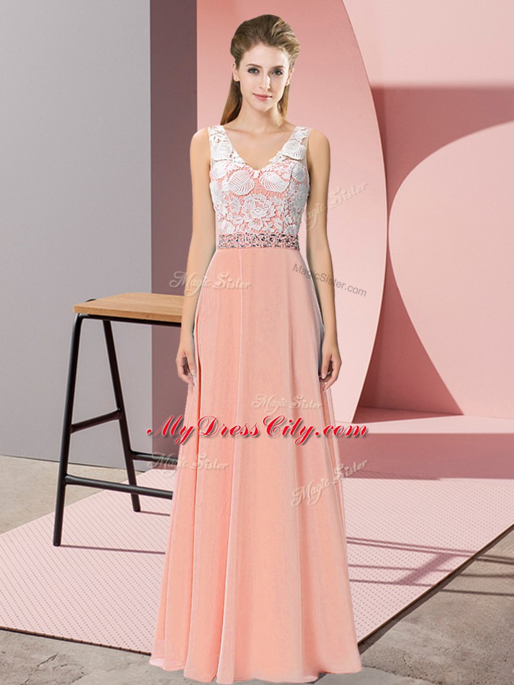 Dramatic Floor Length Peach Prom Party Dress Chiffon and Lace Sleeveless Beading