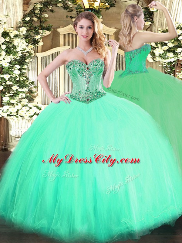 Clearance Aqua Blue Sleeveless Floor Length Beading Lace Up Sweet 16 Quinceanera Dress