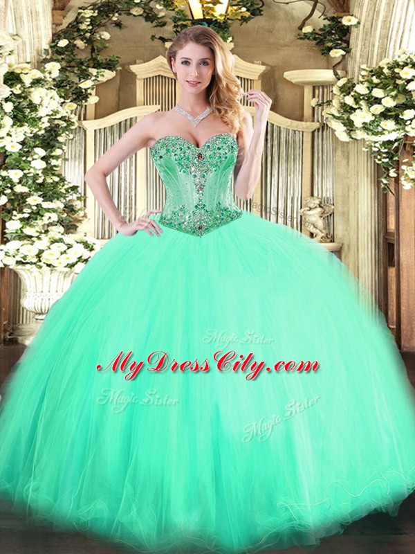 Clearance Aqua Blue Sleeveless Floor Length Beading Lace Up Sweet 16 Quinceanera Dress