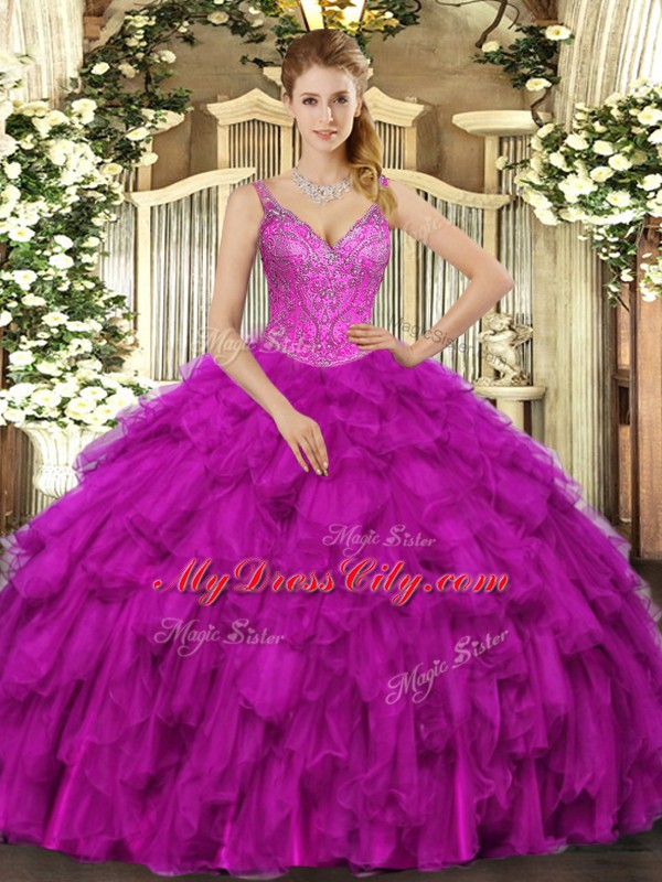 Fancy Sleeveless Beading and Ruffles Lace Up Quinceanera Gown