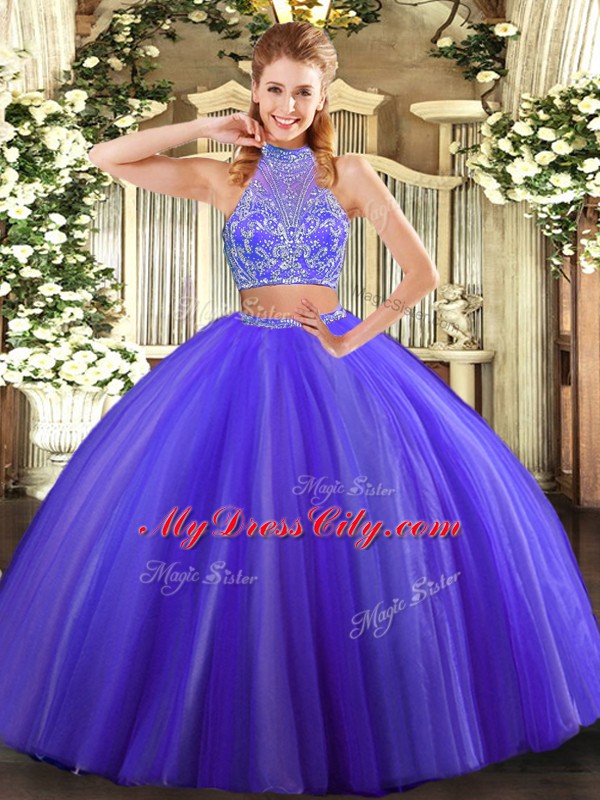 Low Price Halter Top Sleeveless Tulle Sweet 16 Dress Beading Criss Cross