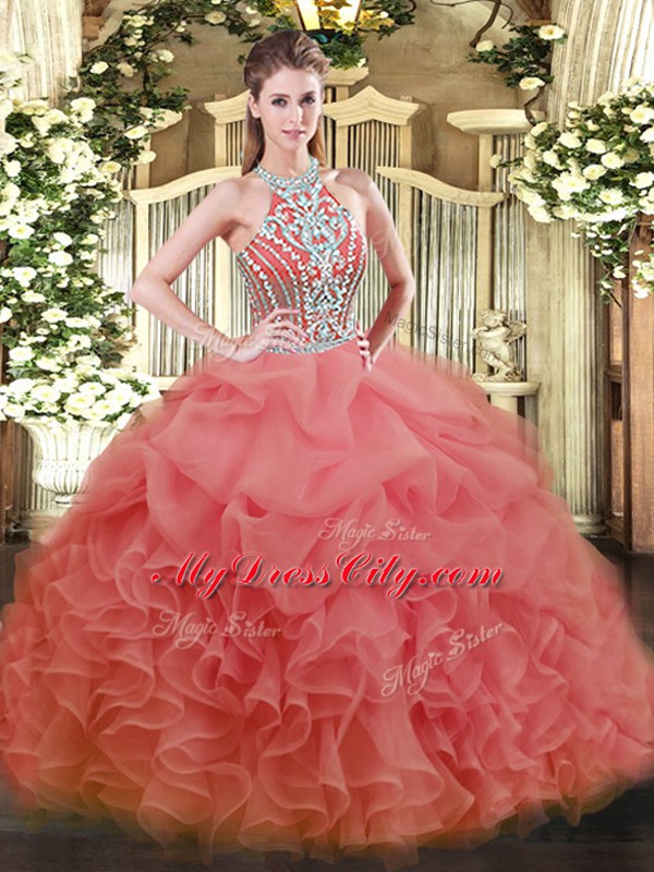 Custom Fit Floor Length Ball Gowns Sleeveless Watermelon Red Quinceanera Dresses Lace Up