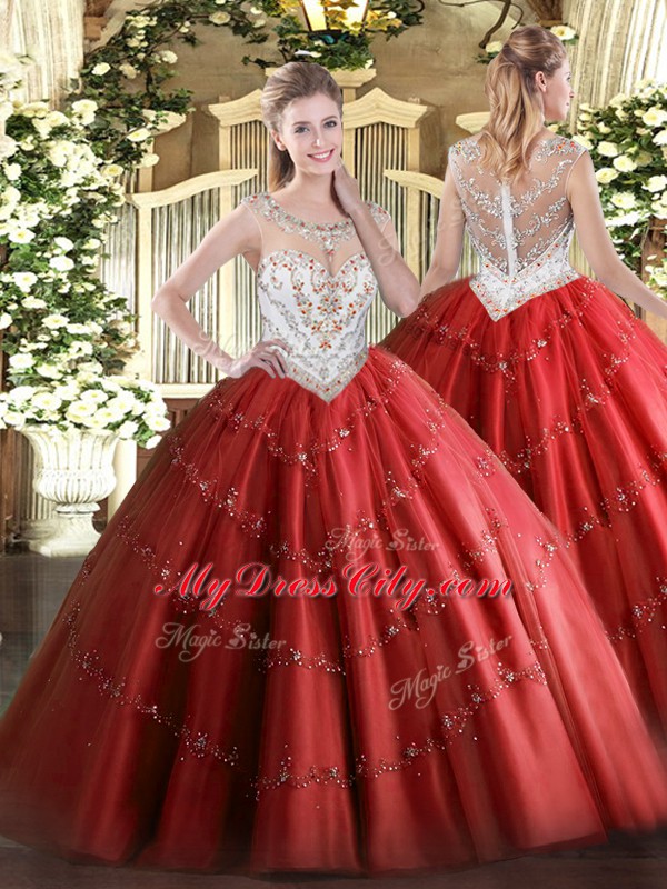 Red Zipper Scoop Beading and Appliques Vestidos de Quinceanera Tulle Sleeveless