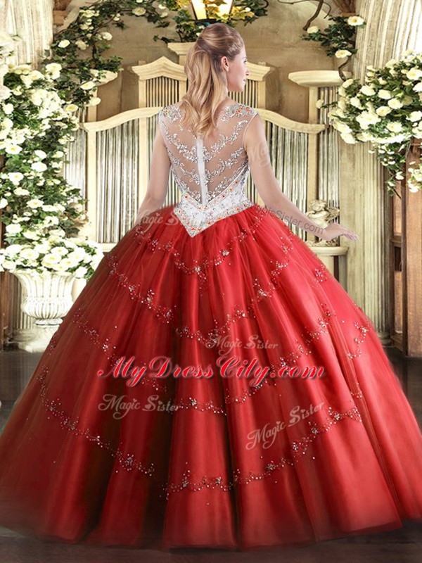 Red Zipper Scoop Beading and Appliques Vestidos de Quinceanera Tulle Sleeveless